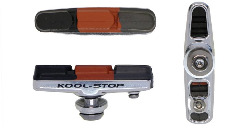 Kool-Stop brake pads and shoes showing the side, the pad and the back