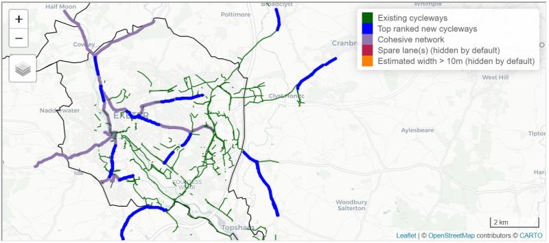 Map of potential cycle routes in Exeter using the Rapid Cycleway Prioritisation Tool