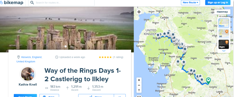 An image from Bikemap website showing a picture of a stone circle plus a map of Britain with a route plotted in blue between Castlerigg and Ilkley